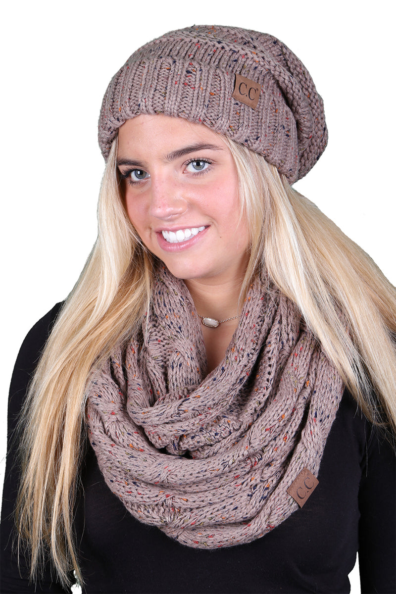 CC Oversized Slouchy Beanie Bundled With Matching Infinity Scarf - Confetti Taupe