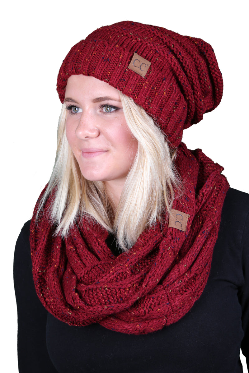 CC Oversized Slouchy Beanie Bundled With Matching Infinity Scarf - Confetti Burgundy