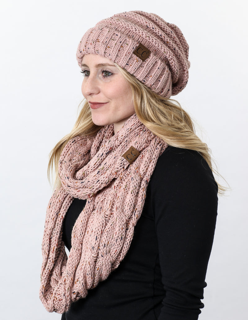 CC Oversized Slouchy Beanie Bundled With Matching Infinity Scarf - Confetti Indi Pink