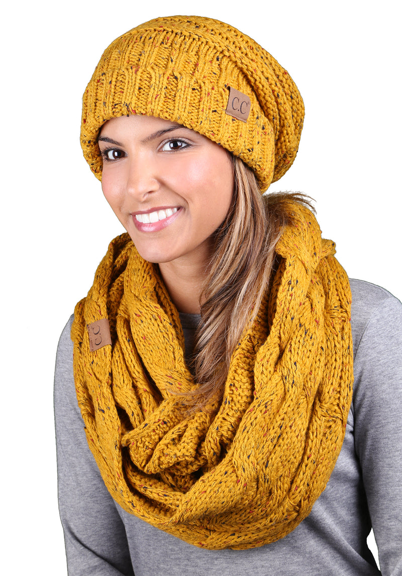 CC Oversized Slouchy Beanie Bundled With Matching Infinity Scarf - Confetti Mustard