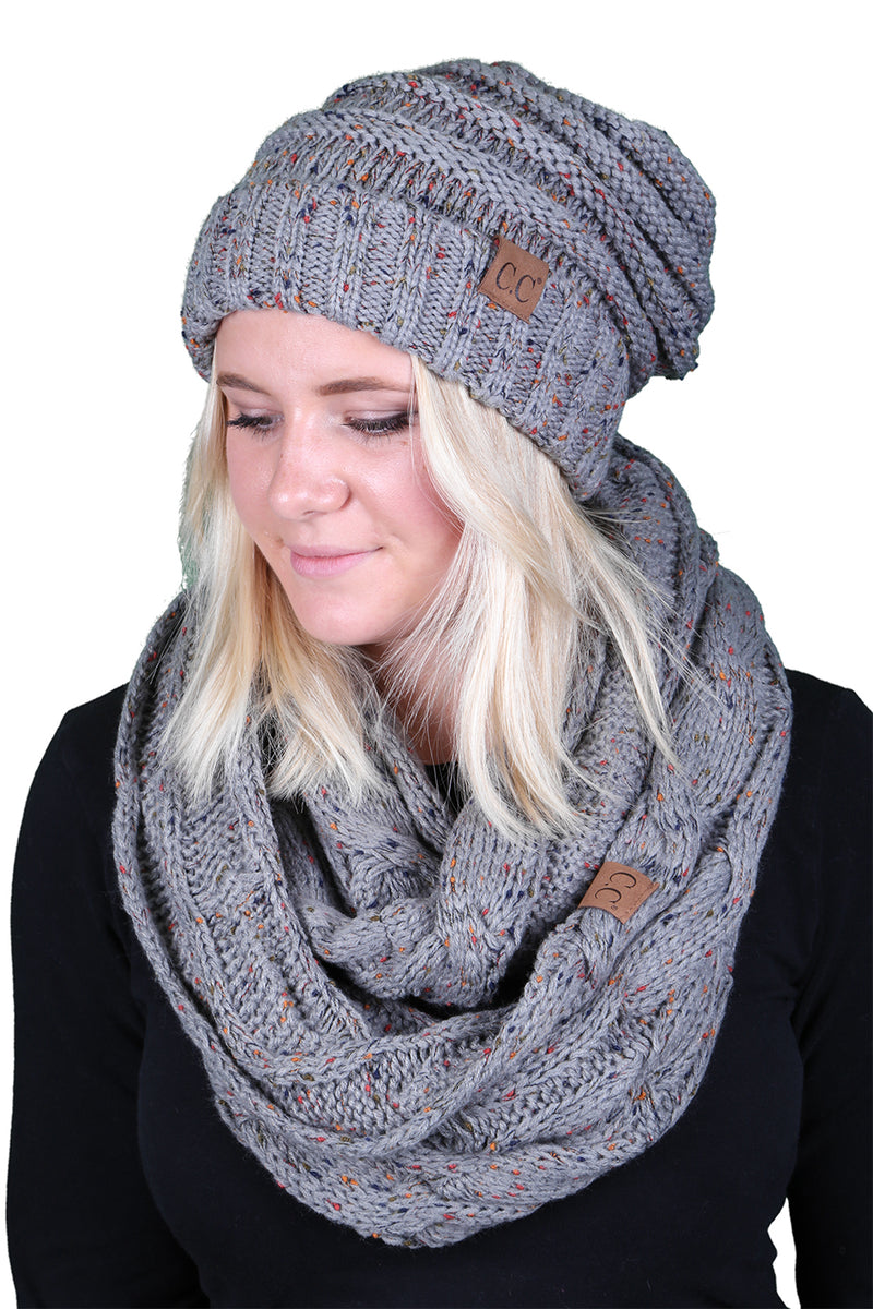 CC Oversized Slouchy Beanie Bundled With Matching Infinity Scarf - Confetti Dove Grey