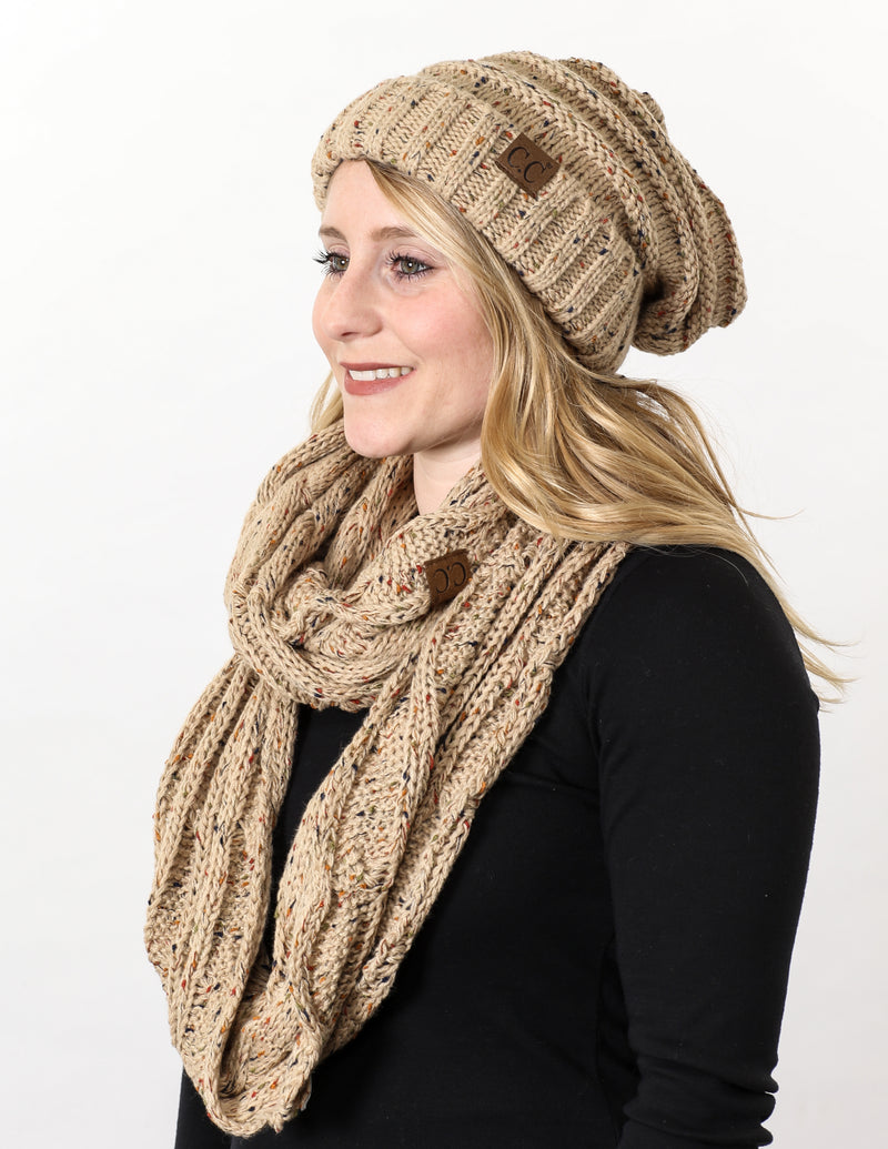CC Oversized Slouchy Beanie Bundled With Matching Infinity Scarf - Confetti Latte