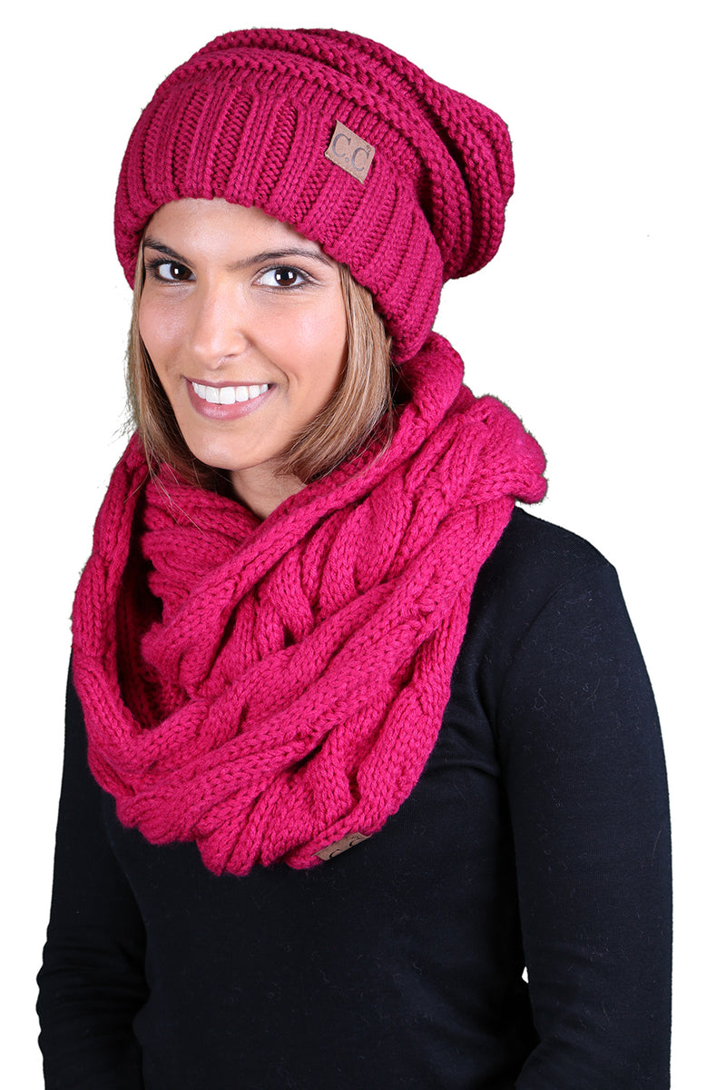 CC Oversized Slouchy Beanie Bundled With Matching Infinity Scarf - Hot Pink