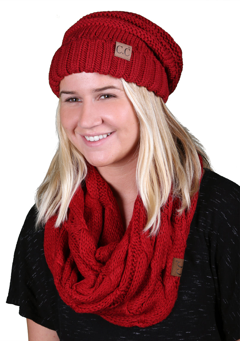 CC Oversized Slouchy Beanie Bundled With Matching Infinity Scarf - Red