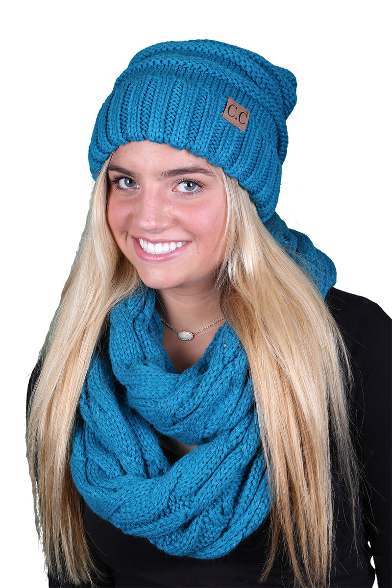 CC Oversized Slouchy Beanie Bundled With Matching Infinity Scarf - Teal