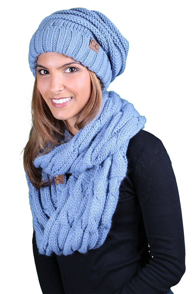 CC Oversized Slouchy Beanie Bundled With Matching Infinity Scarf - Denim
