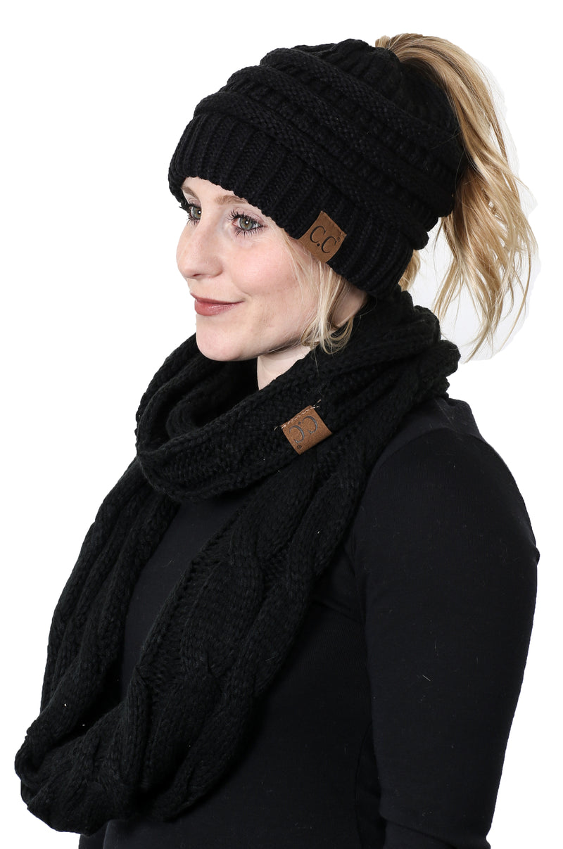 CC Messy Bun BeanieTail Bundled With Matching Infinity Scarf - Black