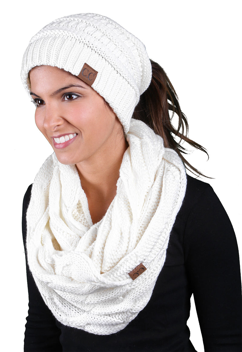CC Messy Bun BeanieTail Bundled With Matching Infinity Scarf - Ivory