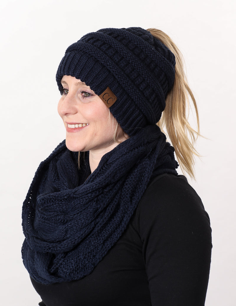 CC Messy Bun BeanieTail Bundled With Matching Infinity Scarf - Navy