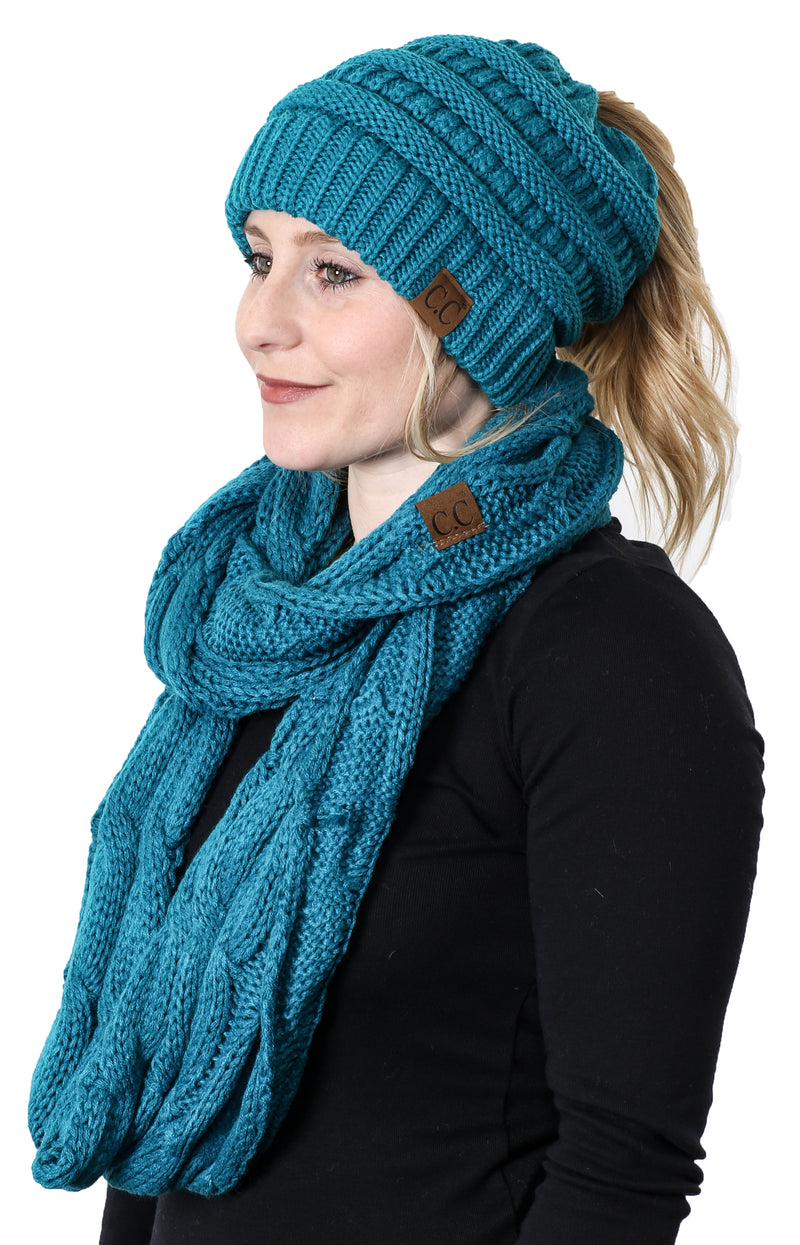 CC Messy Bun BeanieTail Bundled With Matching Infinity Scarf - Teal