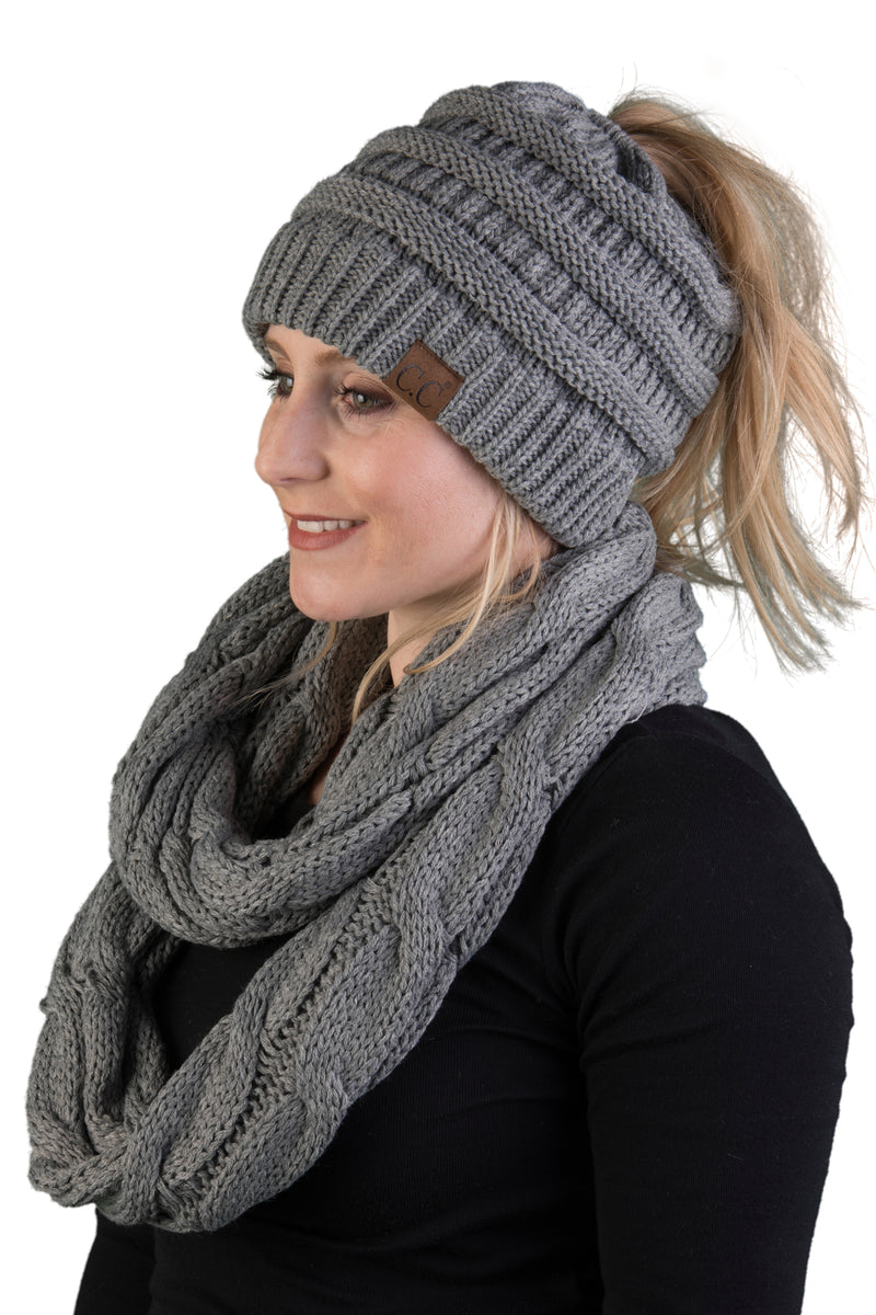 CC Messy Bun BeanieTail Bundled With Matching Infinity Scarf - Heather Grey