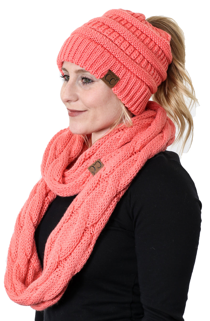 CC Messy Bun BeanieTail Bundled With Matching Infinity Scarf - Coral