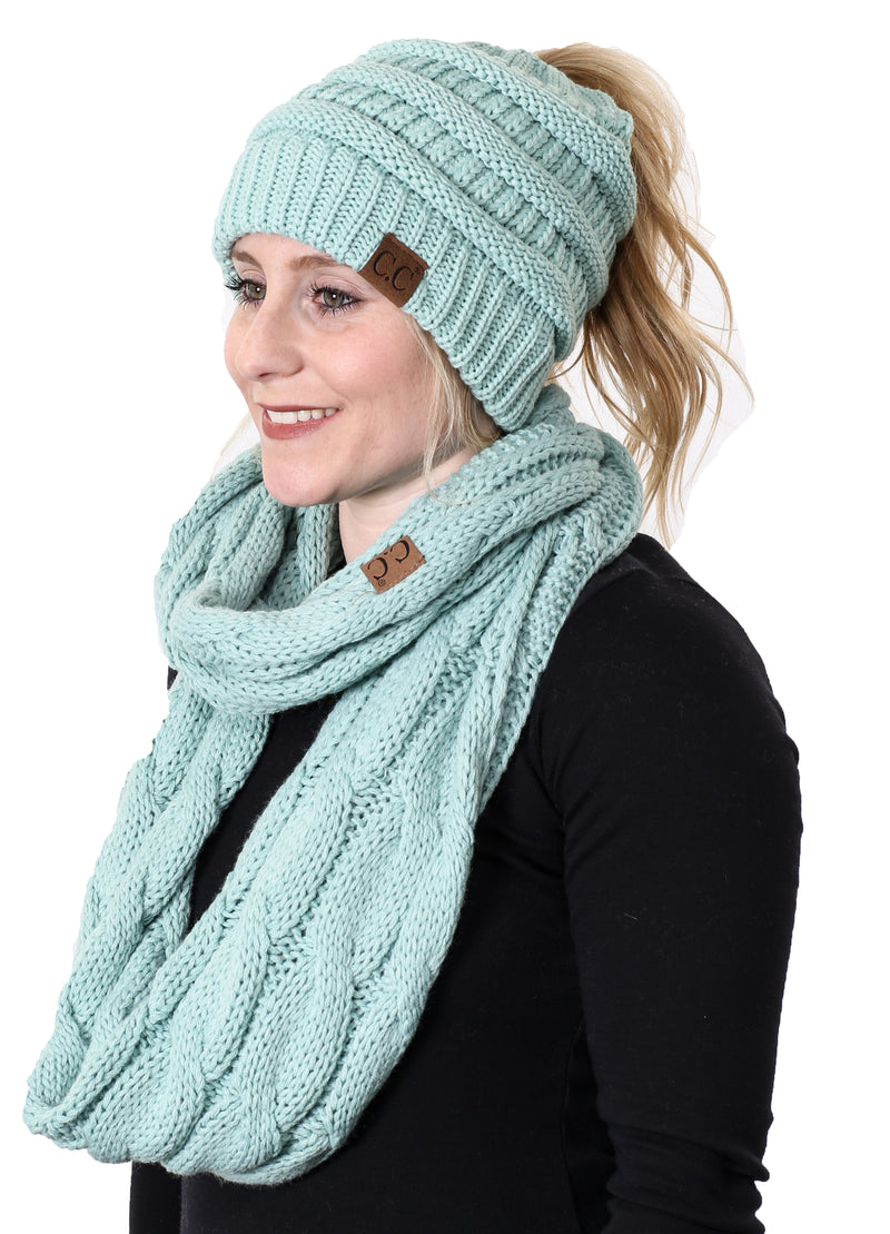 CC Messy Bun BeanieTail Bundled With Matching Infinity Scarf - Mint