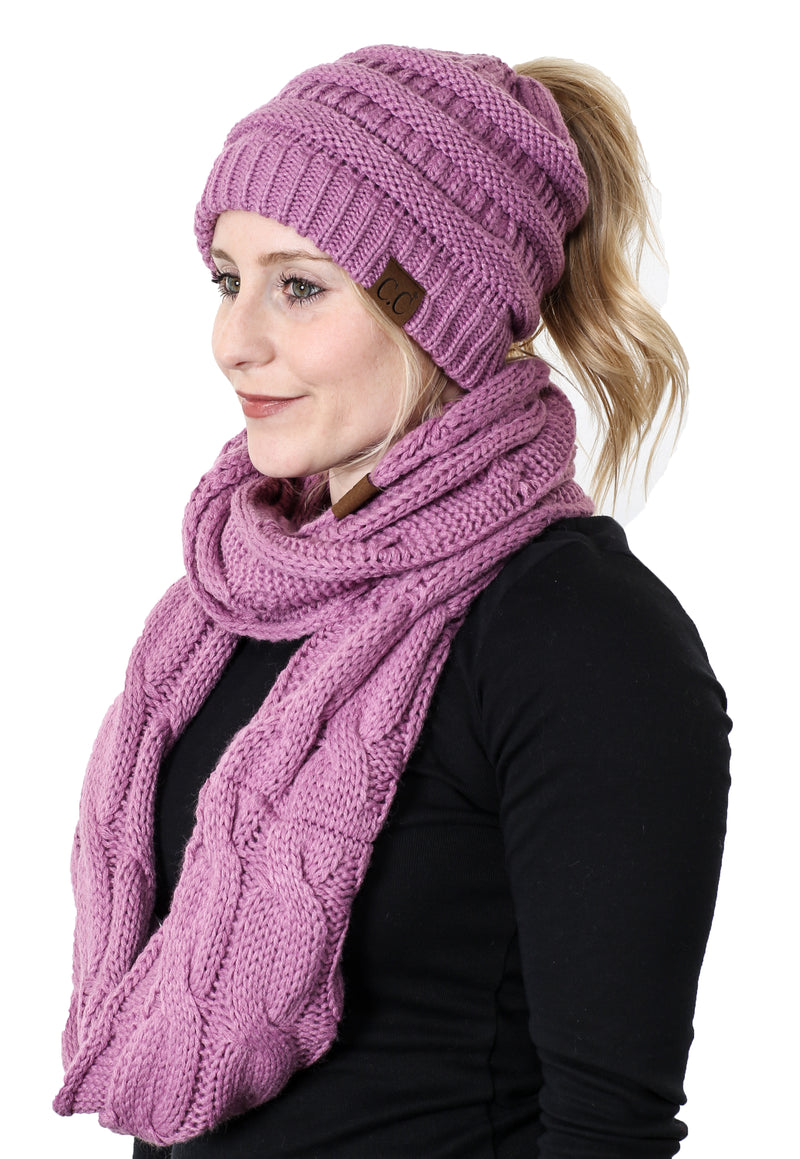 CC Messy Bun BeanieTail Bundled With Matching Infinity Scarf - Lavender