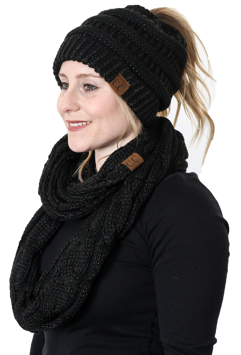 CC Messy Bun BeanieTail Bundled With Matching Infinity Scarf - Metallic Black