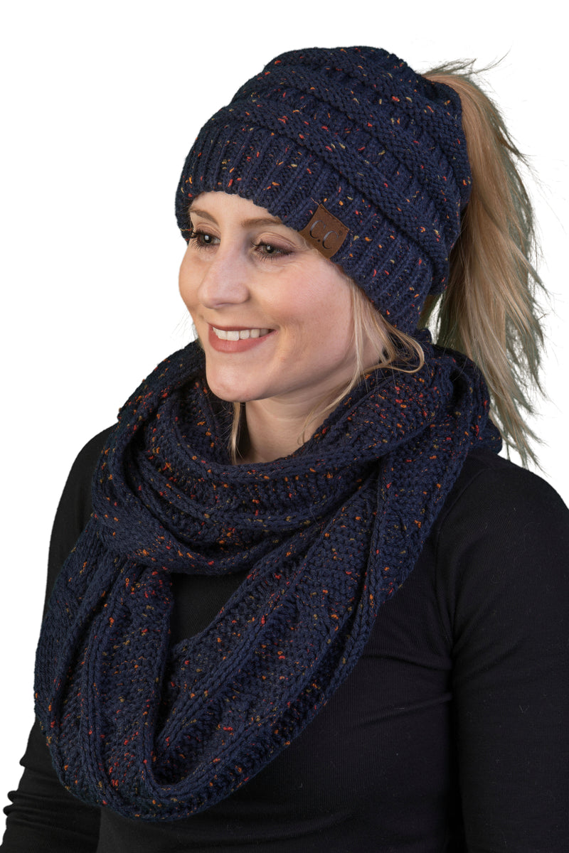 CC Messy Bun BeanieTail Bundled With Matching Infinity Scarf - Confetti Navy