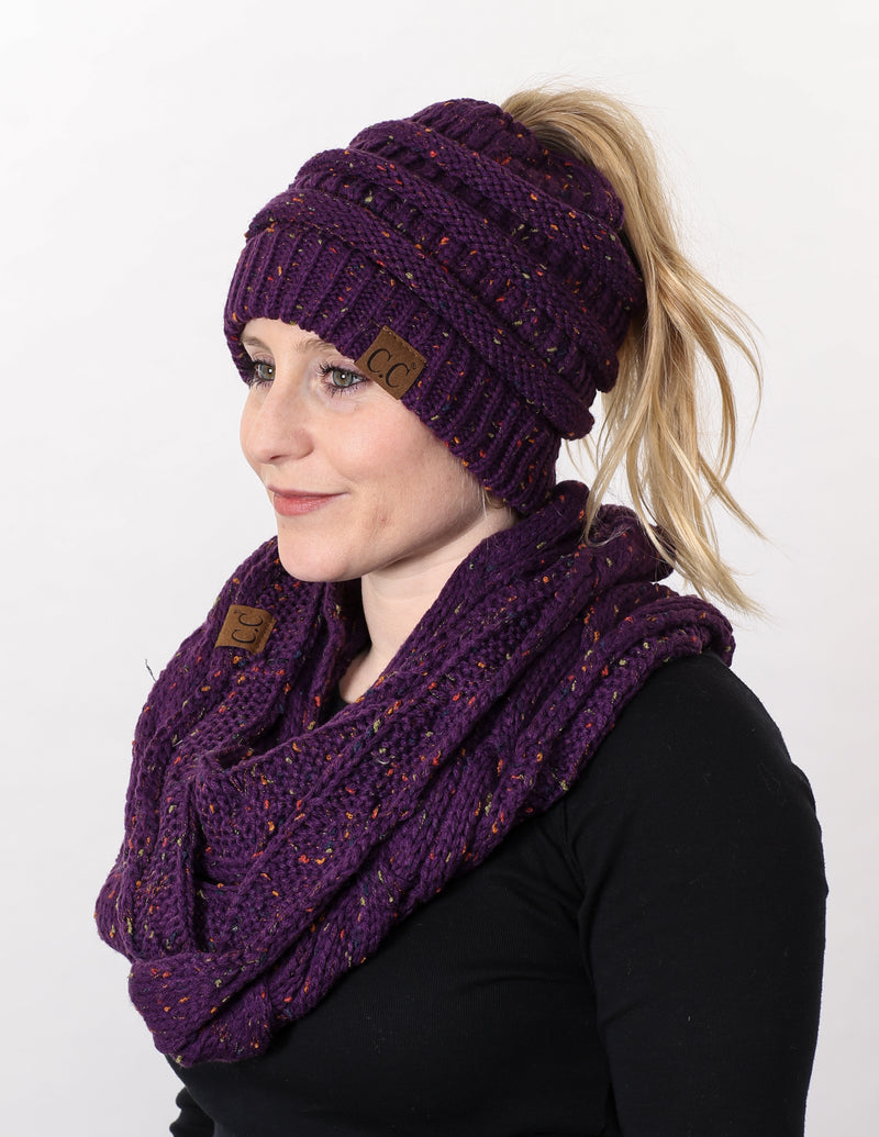 CC Messy Bun BeanieTail Bundled With Matching Infinity Scarf - Confetti Purple