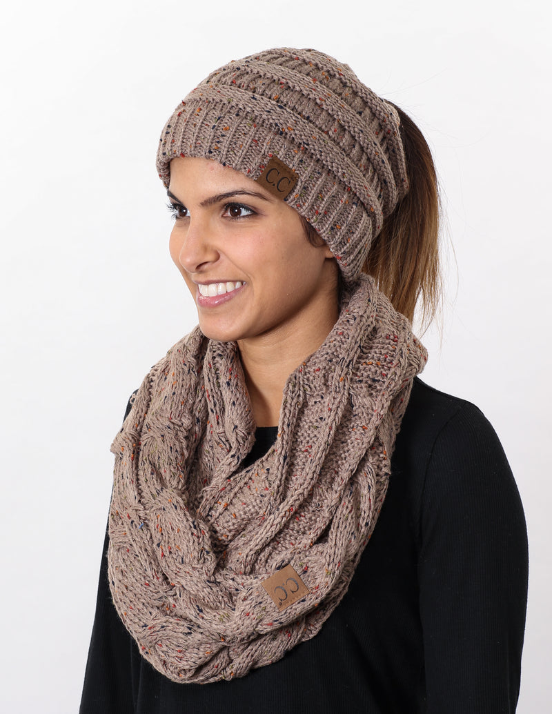 CC Messy Bun BeanieTail Bundled With Matching Infinity Scarf - Confetti Taupe