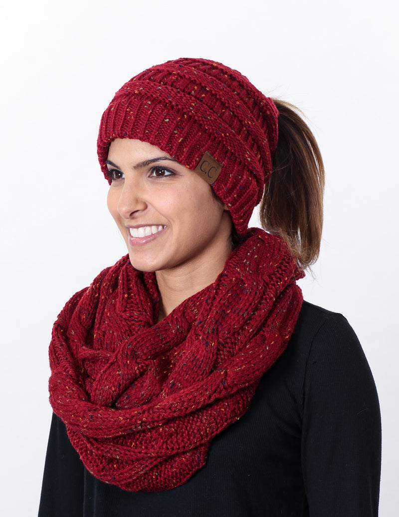 CC Messy Bun BeanieTail Bundled With Matching Infinity Scarf - Confetti Burgundy
