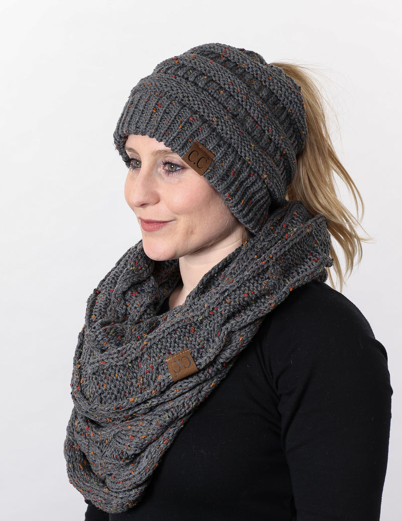 CC Messy Bun BeanieTail Bundled With Matching Infinity Scarf - Confetti Melange Grey