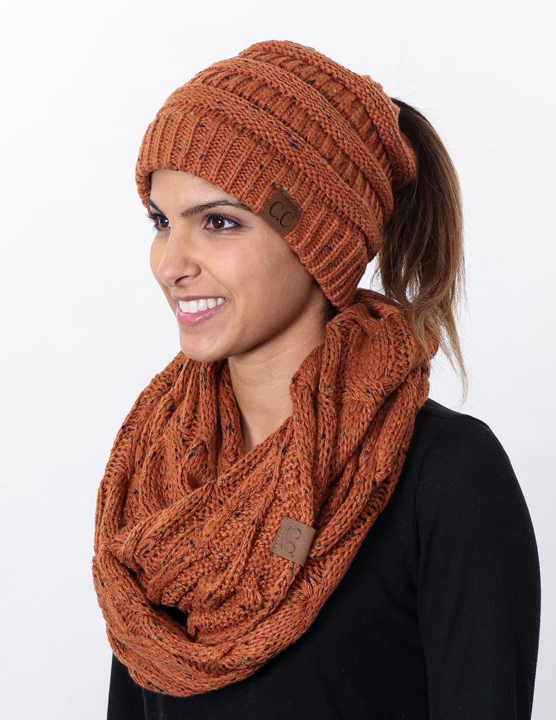 CC Messy Bun BeanieTail Bundled With Matching Infinity Scarf - Confetti Rust