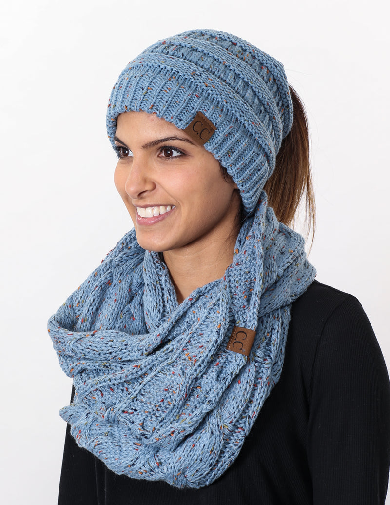 CC Messy Bun BeanieTail Bundled With Matching Infinity Scarf - Confetti Denim