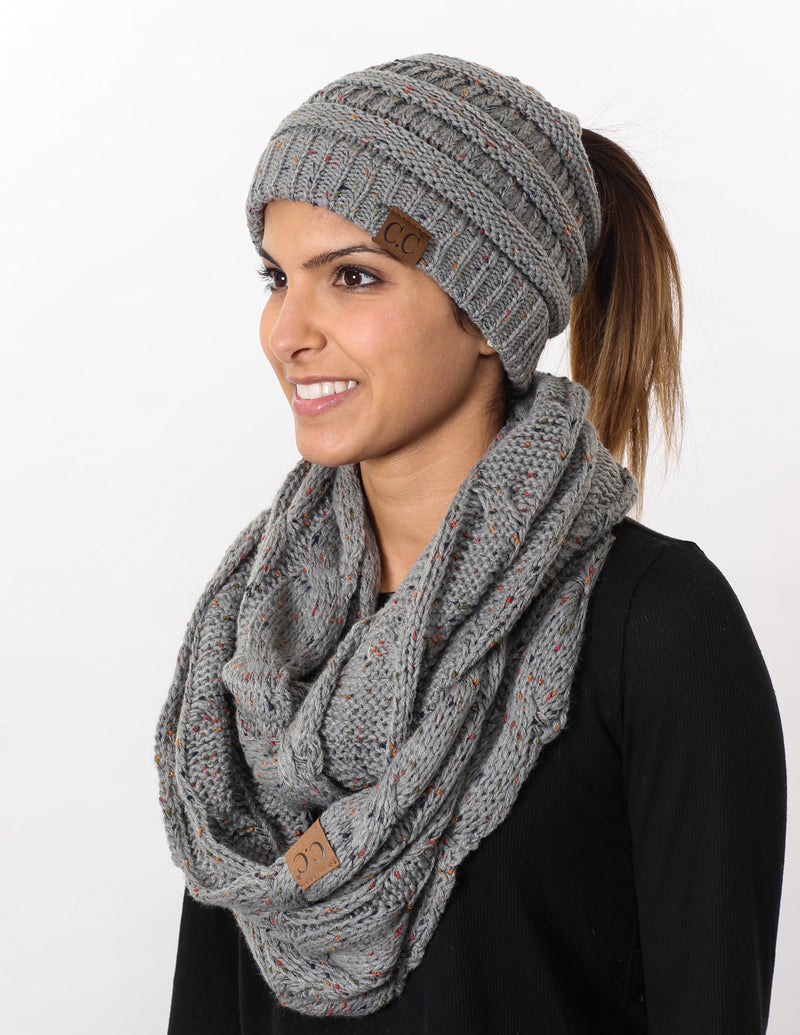 CC Messy Bun BeanieTail Bundled With Matching Infinity Scarf - Confetti Dove Grey