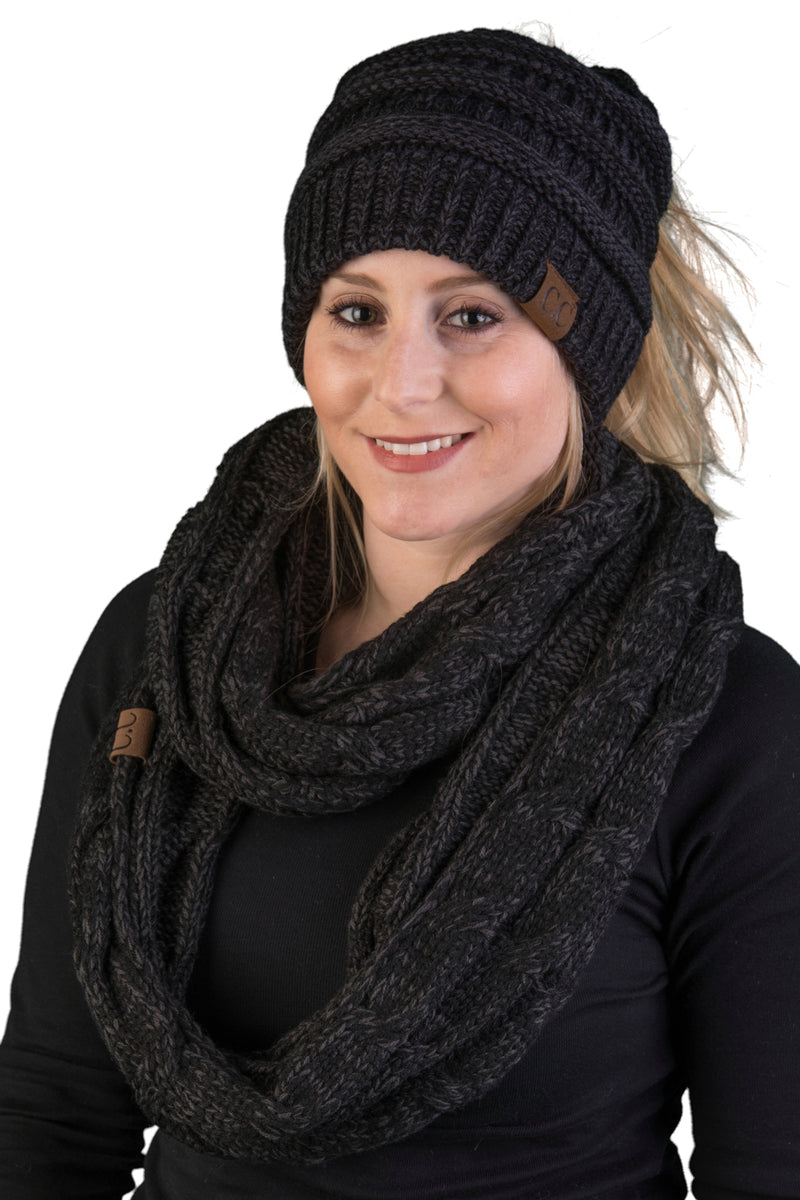 CC Messy Bun BeanieTail Bundled With Matching Infinity Scarf - Onyx Black
