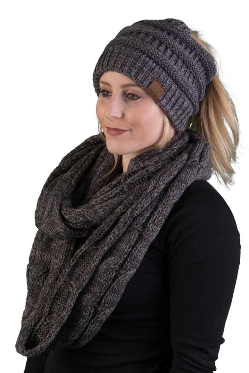 CC Messy Bun BeanieTail Bundled With Matching Infinity Scarf - Graphite Grey
