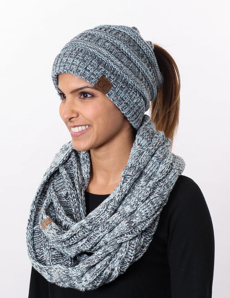 CC Messy Bun BeanieTail Bundled With Matching Infinity Scarf - Hint of Mint