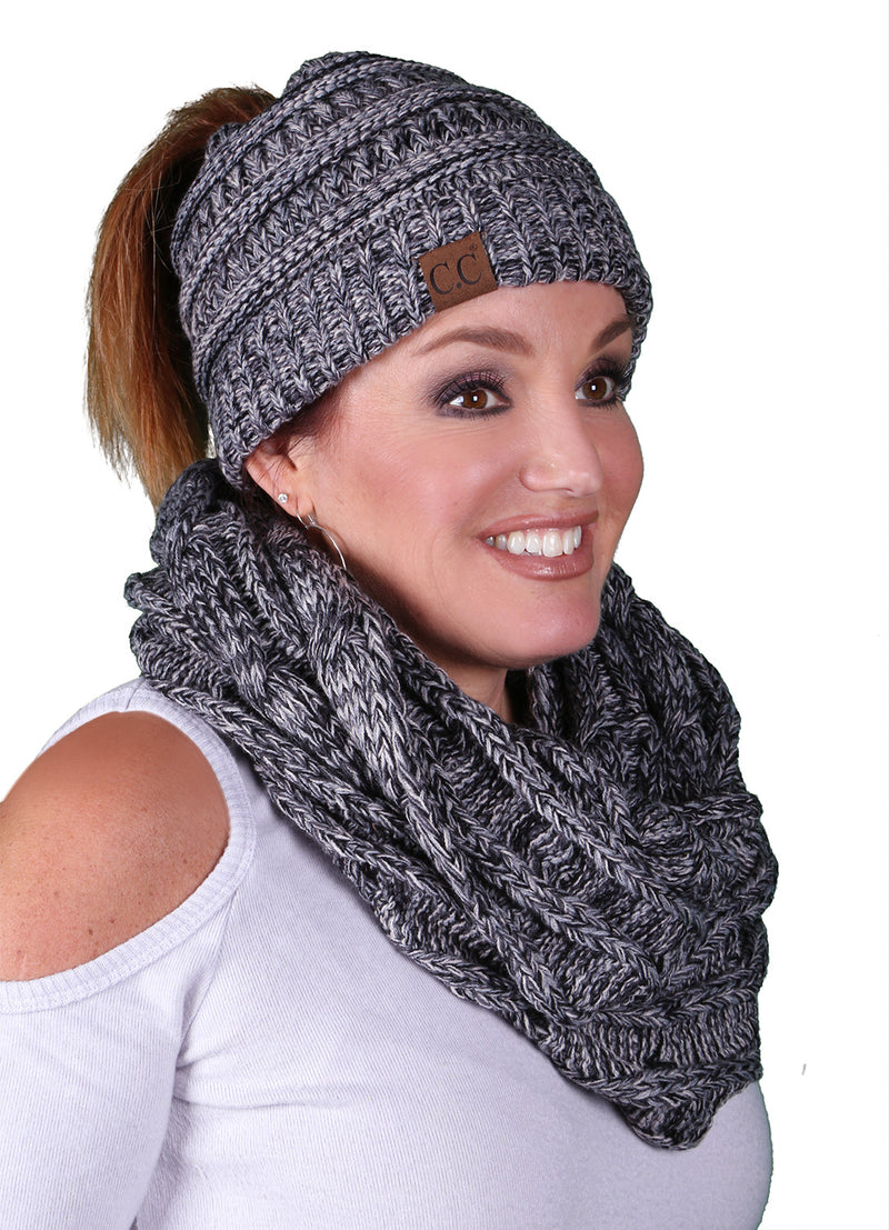 CC Messy Bun BeanieTail Bundled With Matching Infinity Scarf - Grey/Black Mix #31