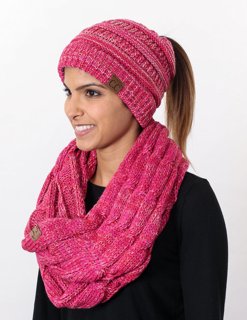 CC Messy Bun BeanieTail Bundled With Matching Infinity Scarf - Red/Pink Mix #10