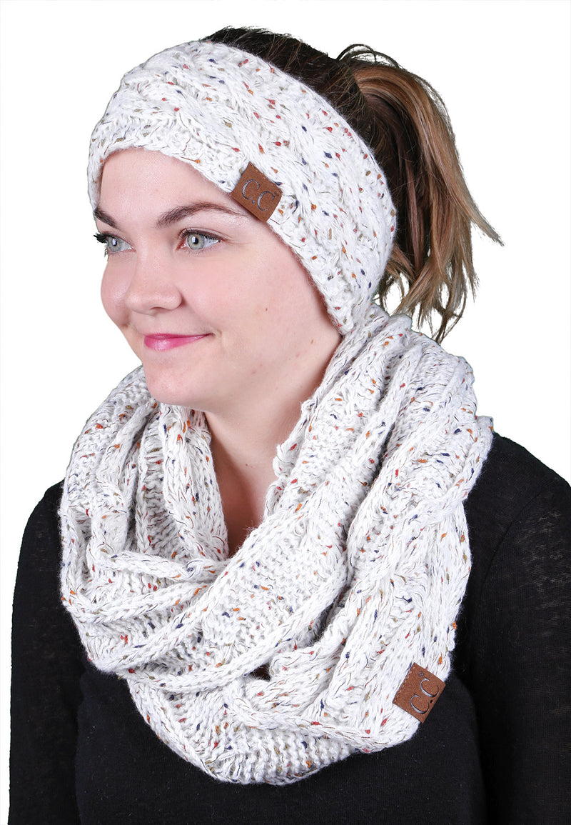 CC Fuzzy Lined Confetti Head Wrap With Matching Infinity Scarf - Ivory