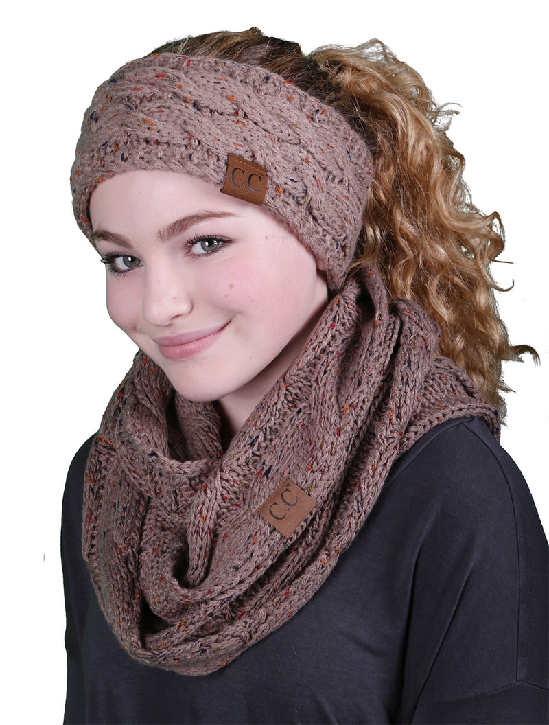 CC Fuzzy Lined Confetti Head Wrap With Matching Infinity Scarf - Taupe
