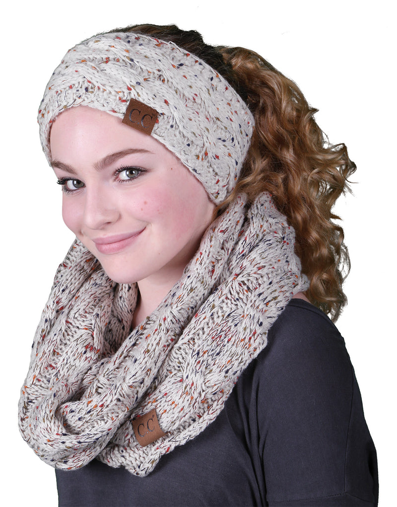 CC Fuzzy Lined Confetti Head Wrap With Matching Infinity Scarf - Oatmeal