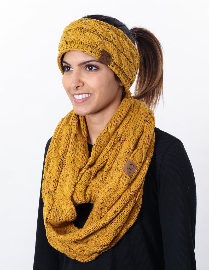 CC Fuzzy Lined Confetti Head Wrap With Matching Infinity Scarf - Mustard