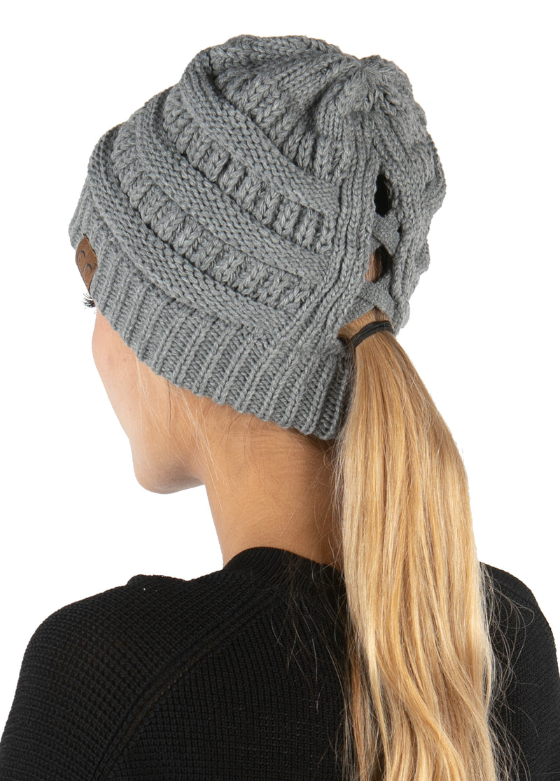 Criss Cross Beanie Tail Messy Bun High Ponytail Knit Cap