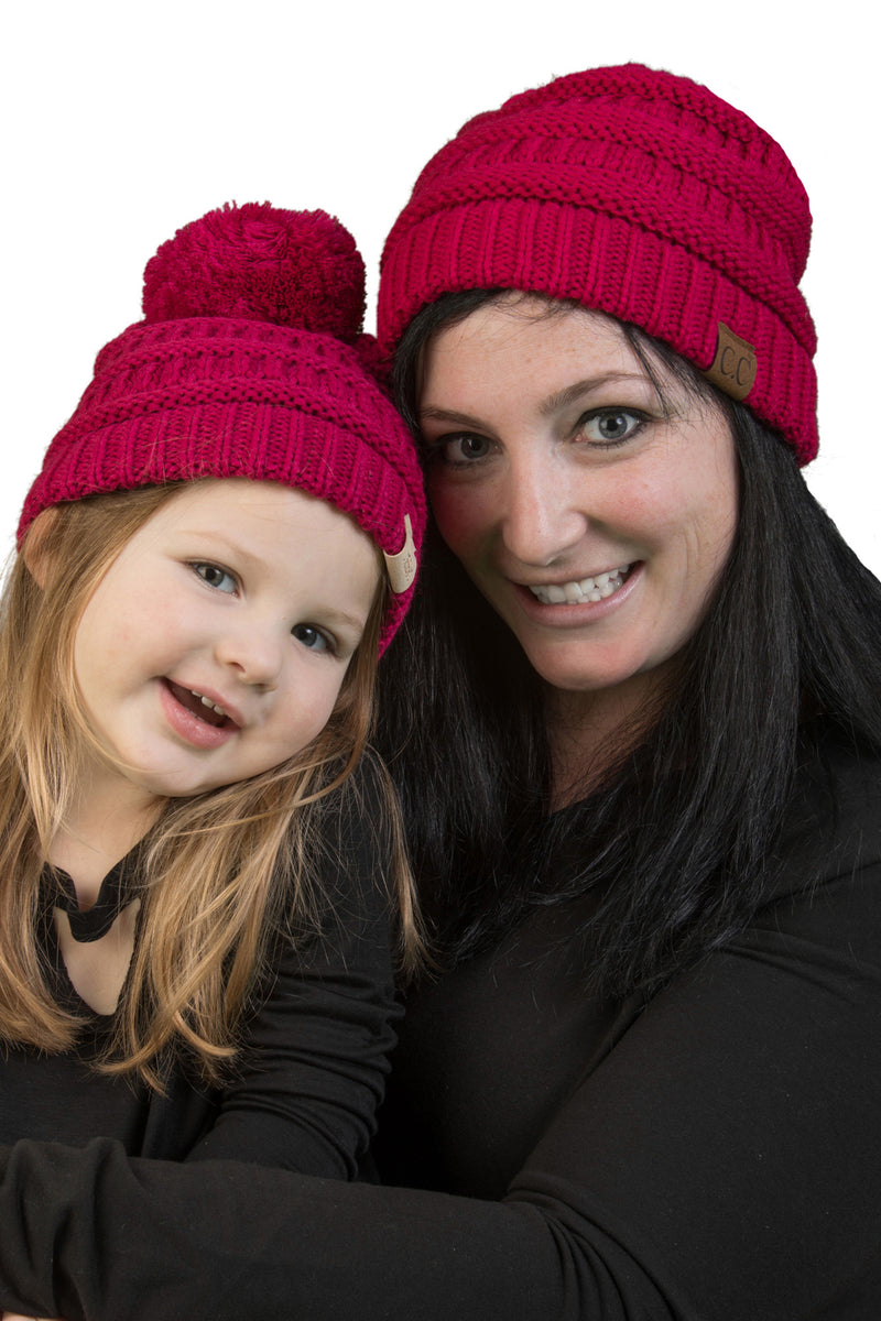 C.C Mom & Children's Matching Beanie Bundle with Pom - Hot Pink