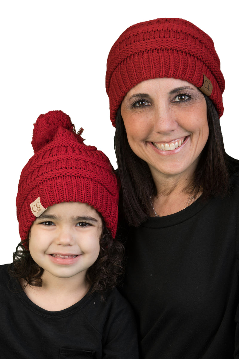 C.C Mom & Children's Matching Beanie Bundle with Pom - Red