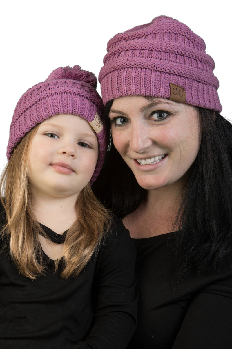 C.C Mom & Children's Matching Beanie Bundle with Pom - Lavender