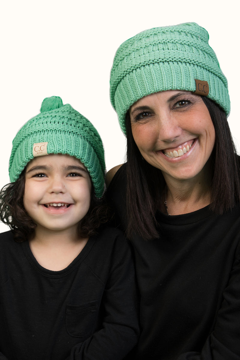 C.C Women & Children's Matching Pom Beanie Bundle - Seafoam