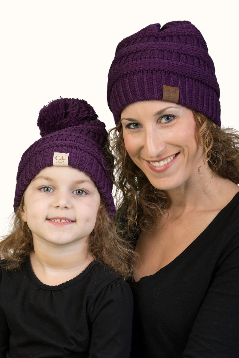 C.C Women & Children's Matching Pom Beanie Bundle - Purple