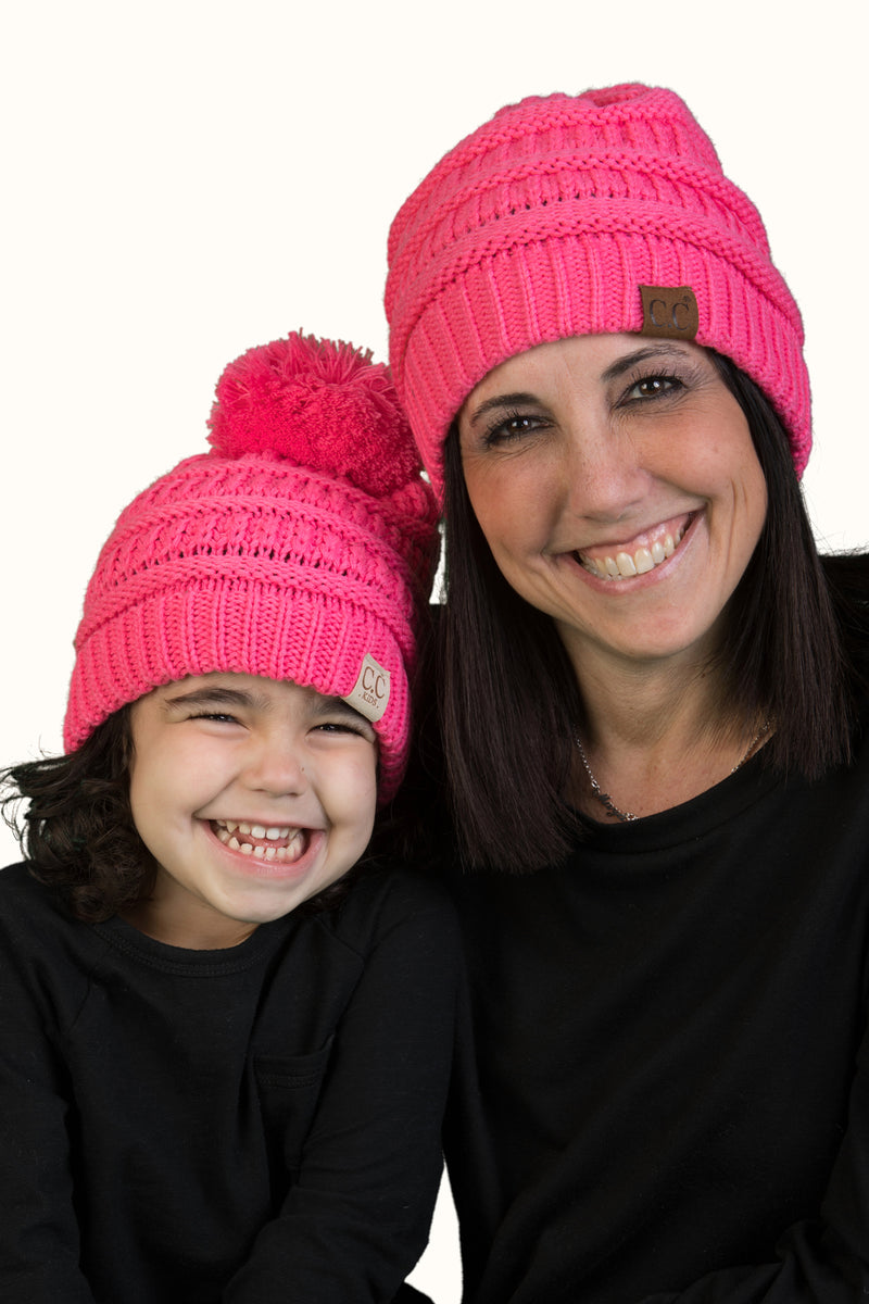 C.C Women & Children's Matching Pom Beanie Bundle - Candy Pink