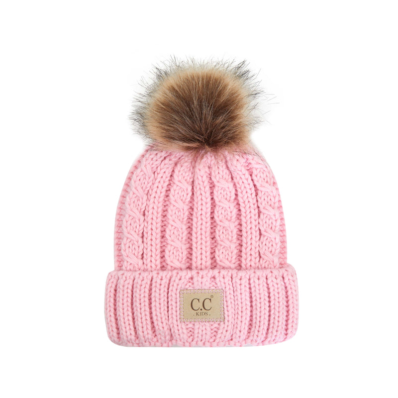 Knit Pom Beanie Hat: Cable Knit Faux Fur w/ patch