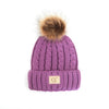 Knit Pom Beanie Hat: Cable Knit Faux Fur w/ patch