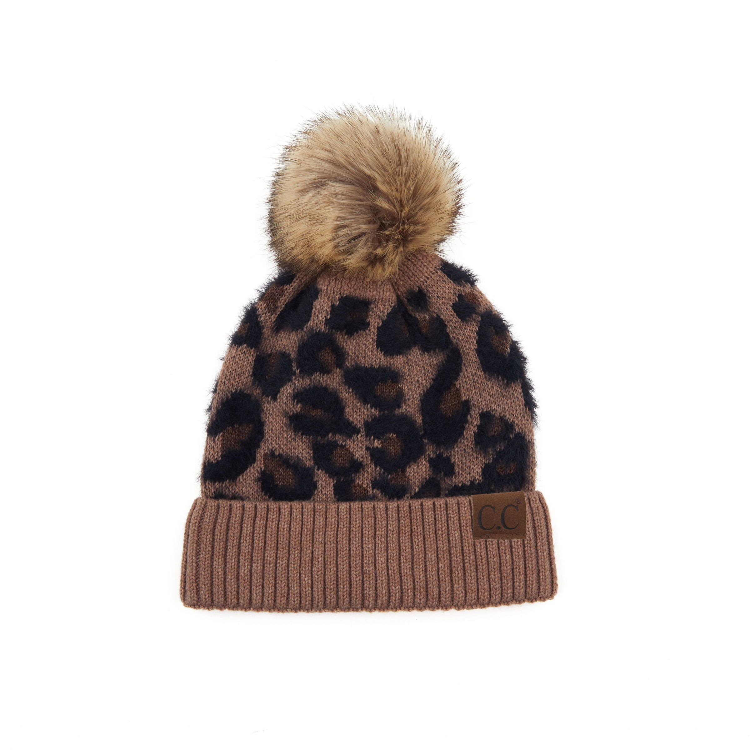 Leopard Print Beanie with Faux Fur Pom in Mocha