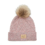 Childrens Knit Pom Beanie Hat: Diagonal Stripes Faux Fur Pom w/ patch