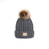 Knit Pom Beanie Hat: Cable Knit Faux Fur w/ patch