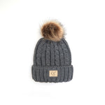 Knit Pom Beanie Hat: Cable Knit Faux Fur w/ patch