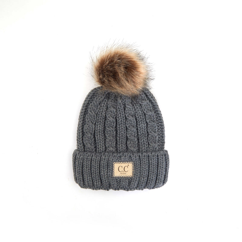 Knit Pom Beanie Hat: Cable Knit Faux Fur w/ patch